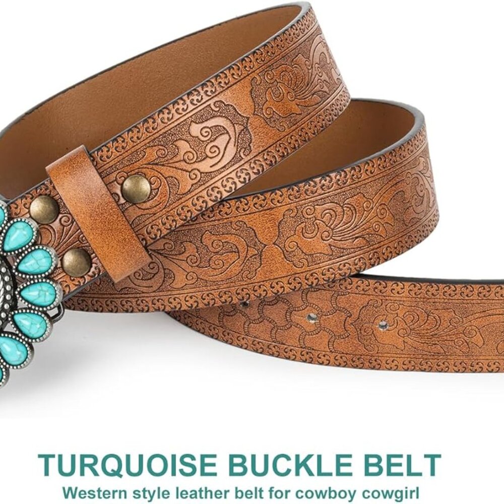 Women Western-Belts Rhinestone-Cowboy-Cowgirl Embossed Floral Pu Leather Bling-D - Picture 3 of 7